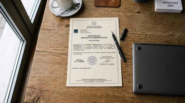 Σοβαρός επαγγελματικός χώρος γραφείου ρυθμιστικής εποπτείας με laptop και έγγραφα