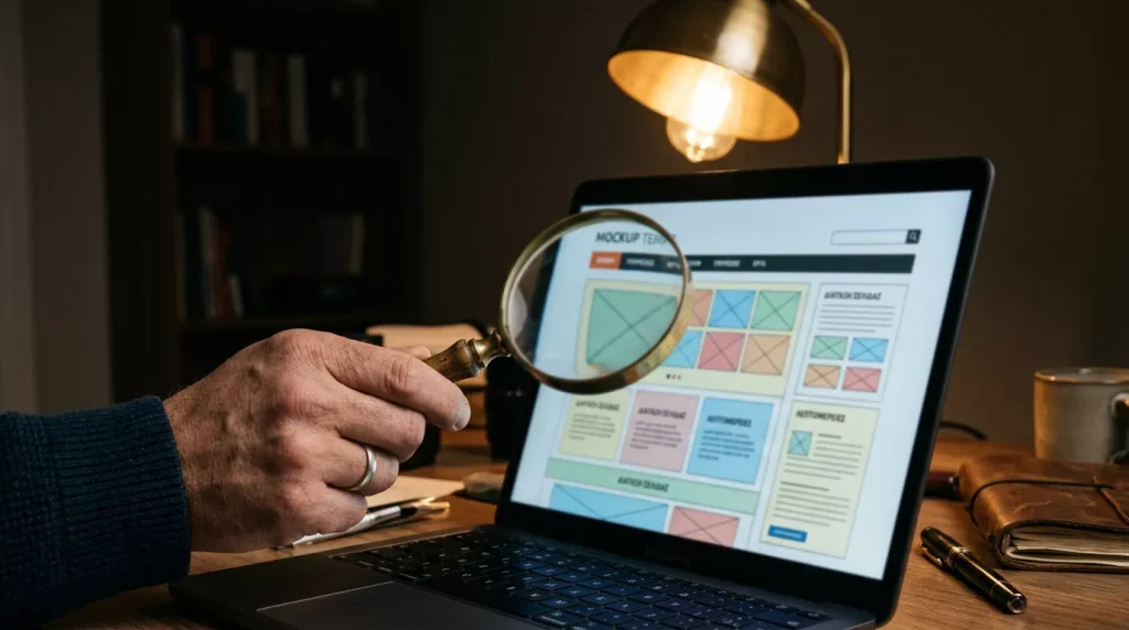 Άνθρωπος εξετάζει σκεπτικά οθόνη laptop με μεγεθυντικό φακό σε σκοτεινό γραφείο