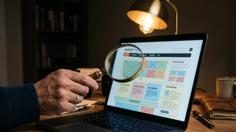Άνθρωπος εξετάζει σκεπτικά οθόνη laptop με μεγεθυντικό φακό σε σκοτεινό γραφείο