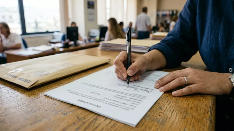 Άνθρωπος υπογράφει επίσημο έντυπο σε γραφείο διοικητικής υπηρεσίας