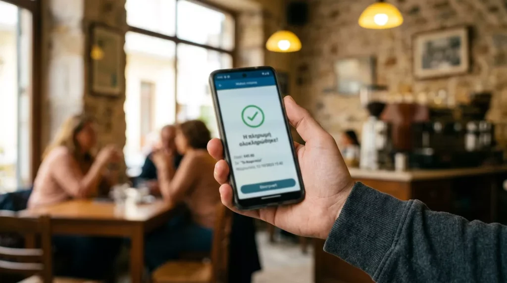 Smartphone με ελληνική τραπεζική εφαρμογή που εκτελεί άμεση πληρωμή σε καφέ