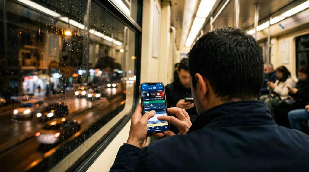 Άνθρωπος χρησιμοποιεί smartphone σε δημόσιο μέσο μεταφοράς με θολή πόλη στο φόντο