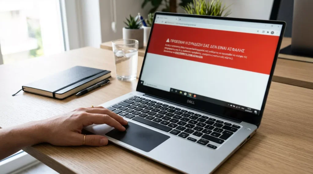 Άνθρωπος ελέγχει μια ιστοσελίδα σε laptop σε μοντέρνο γραφείο με κόκκινη σήμανση block