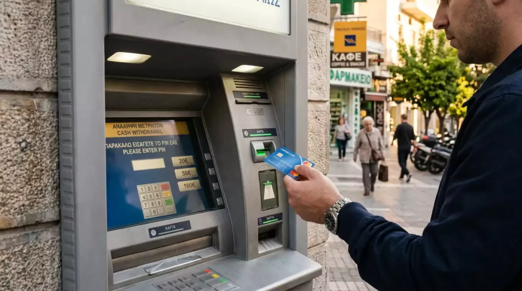 Άνθρωπος εισάγει prepaid Mastercard σε ATM σε ελληνικό αστικό περιβάλλον