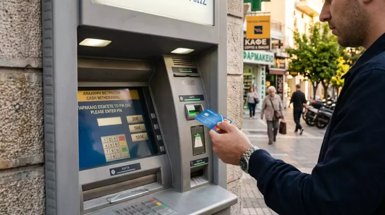 Άνθρωπος εισάγει prepaid Mastercard σε ATM σε ελληνικό αστικό περιβάλλον