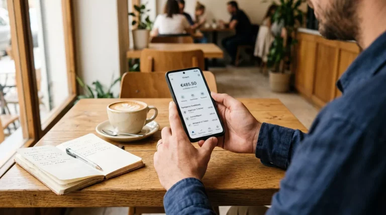 Άνθρωπος χρησιμοποιεί generic mobile fintech εφαρμογή σε smartphone με καφέ στο τραπέζι