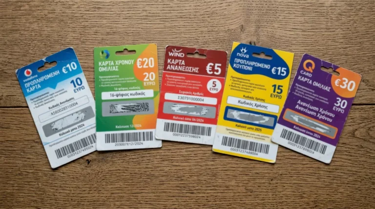 Πολλά prepaid vouchers διαφορετικών αξιών απλωμένα σε σειρά πάνω σε γραφείο