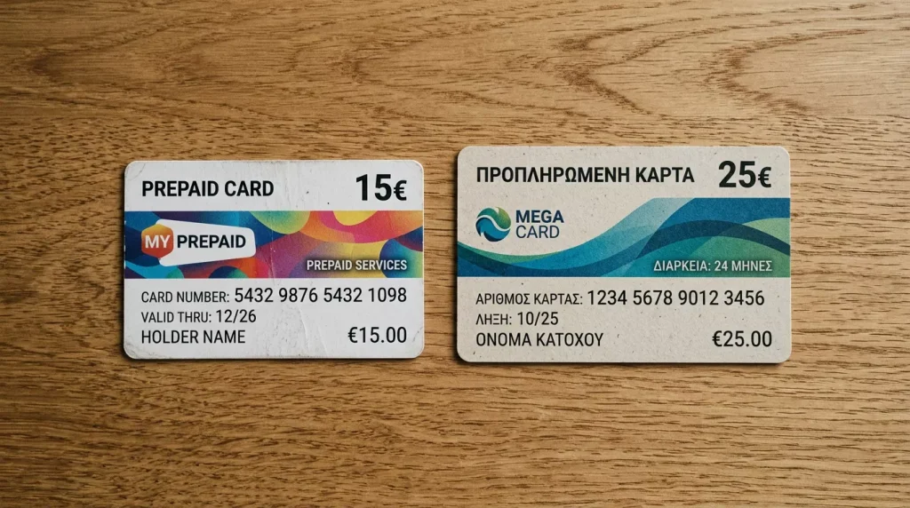 Δύο διαφορετικά prepaid vouchers δίπλα δίπλα πάνω σε γραφείο για σύγκριση
