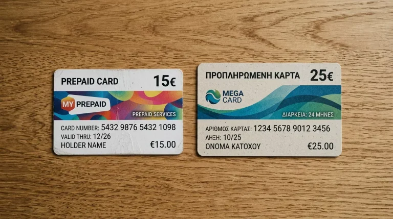 Δύο διαφορετικά prepaid vouchers δίπλα δίπλα πάνω σε γραφείο για σύγκριση