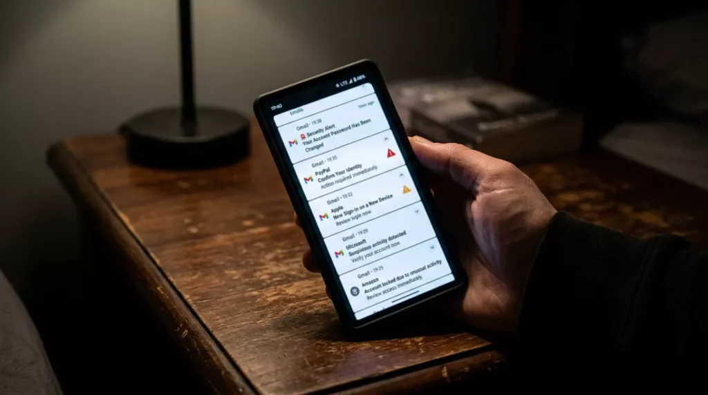 Smartphone εμφανίζει ένα ύποπτο email ειδοποίησης πάνω σε γραφείο τη νύχτα