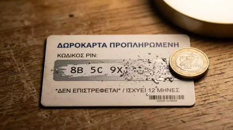 Κουπόνι Neosurf με ξυσμένο πεδίο PIN πάνω σε ξύλινο γραφείο