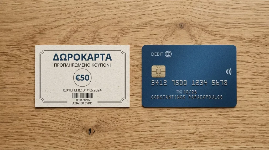 Generic prepaid voucher και πλαστική κάρτα δίπλα δίπλα πάνω σε γραφείο για σύγκριση